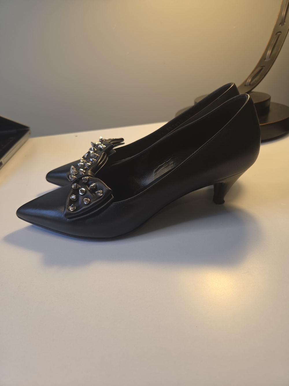 Saint Laurent Black Leather Studded Bow Pointed-Toe Heels - Picture 6 of 11